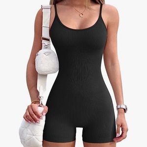 OQQ Women's Yoga Rompers One Piece Ribbed Spaghetti Strap Exercise Romper